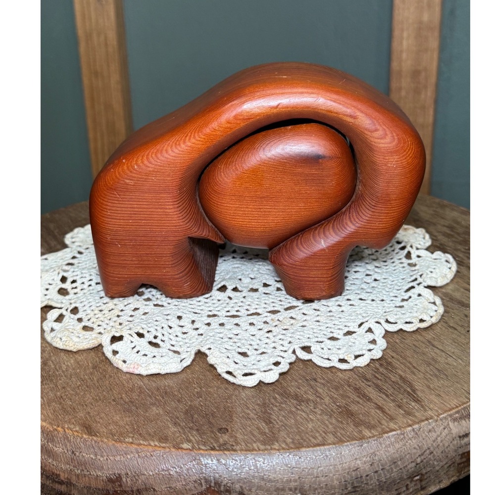 Vintage MCM Handcrafted Native Redwood Bison Trinket Box Hidden Drawer 2 Piece